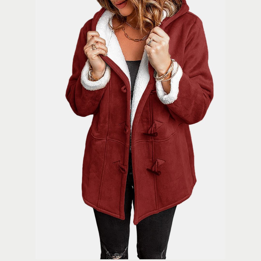 Women's Hooded Winter Coat with Side Pockets and Button Closure