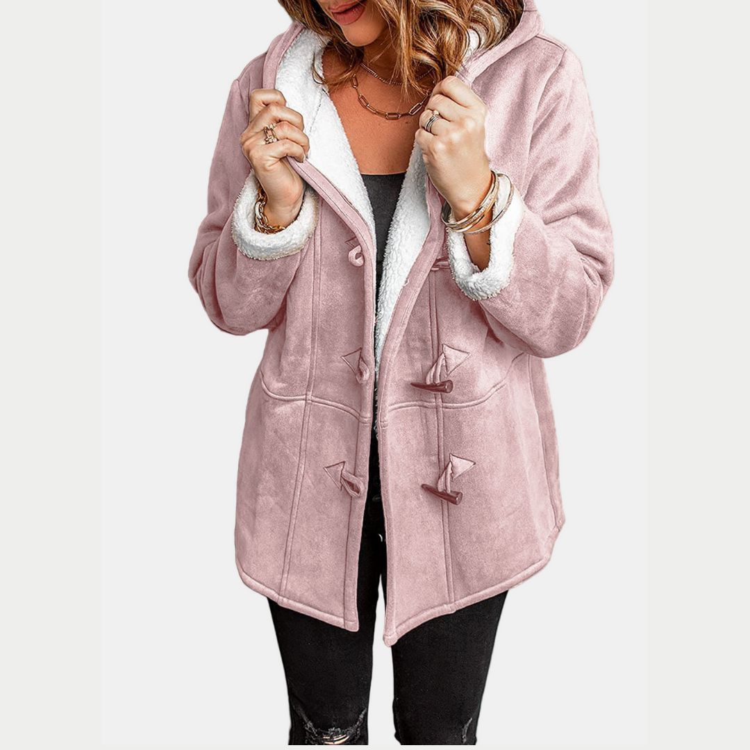 Women's Hooded Winter Coat with Side Pockets and Button Closure