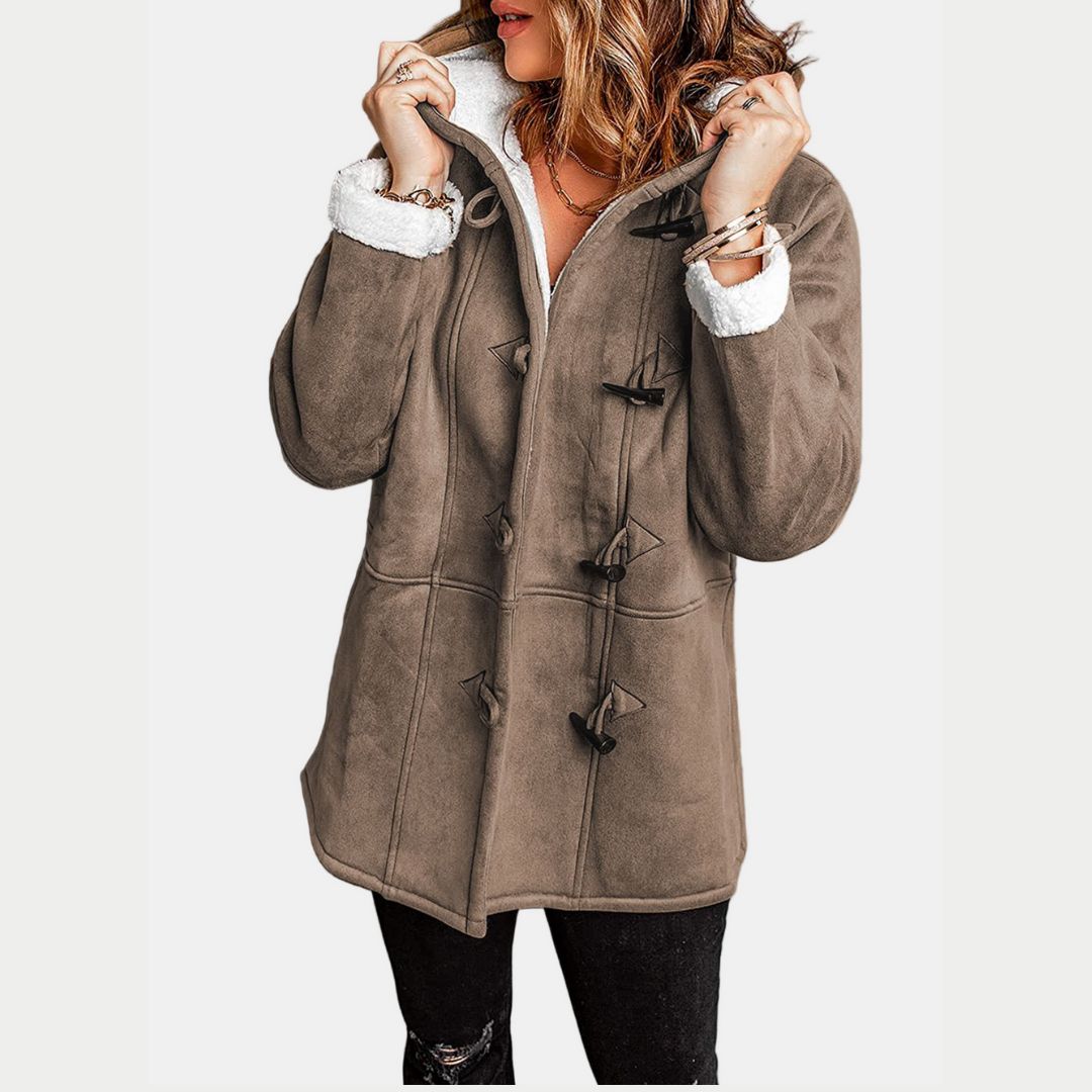 Women's Hooded Winter Coat with Side Pockets and Button Closure