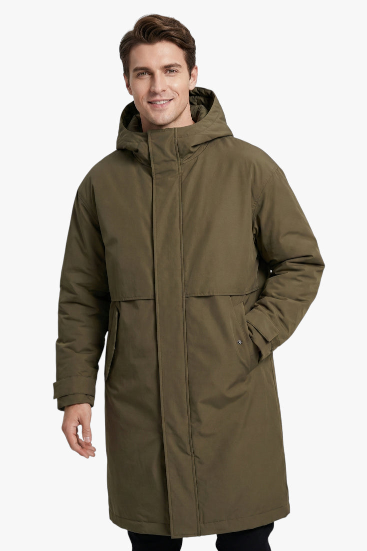 Men's Hooded Trench Coat with Zip Closure and Side Pockets