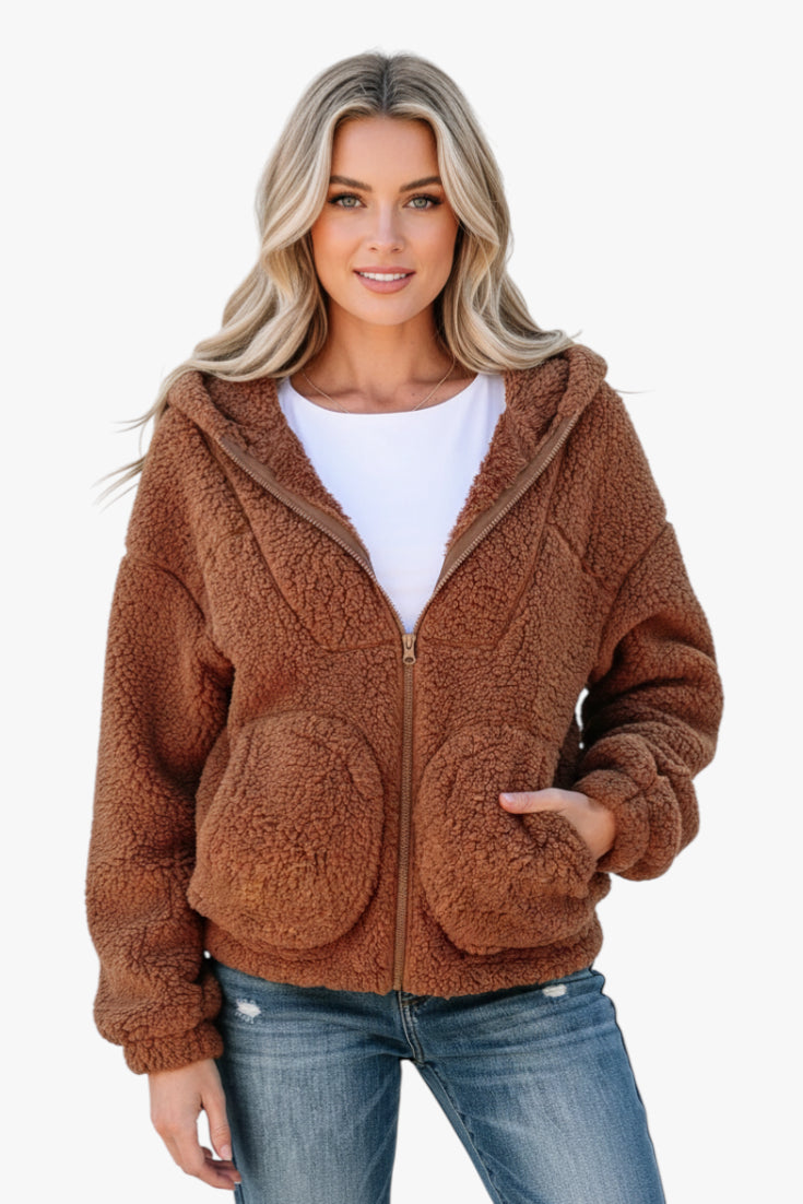 Women's Oversized Teddy Jacket with Funnel Neck and Zip-Up