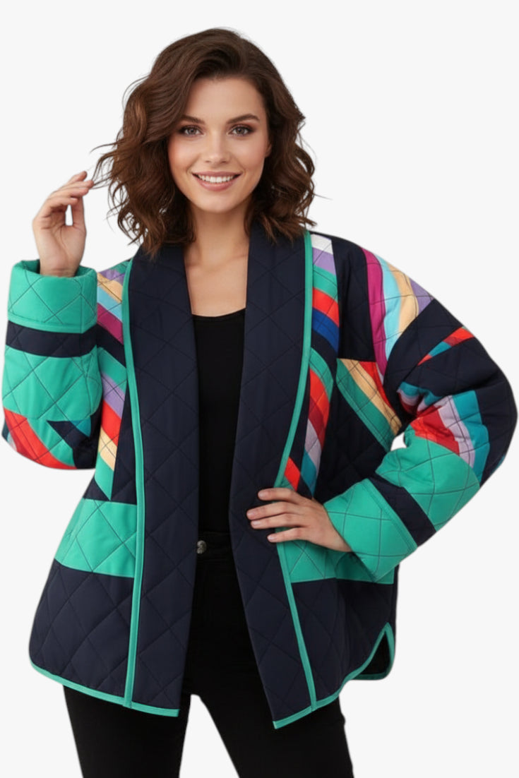 Women's Oversized Coat with Geometric Patterns and Open Front