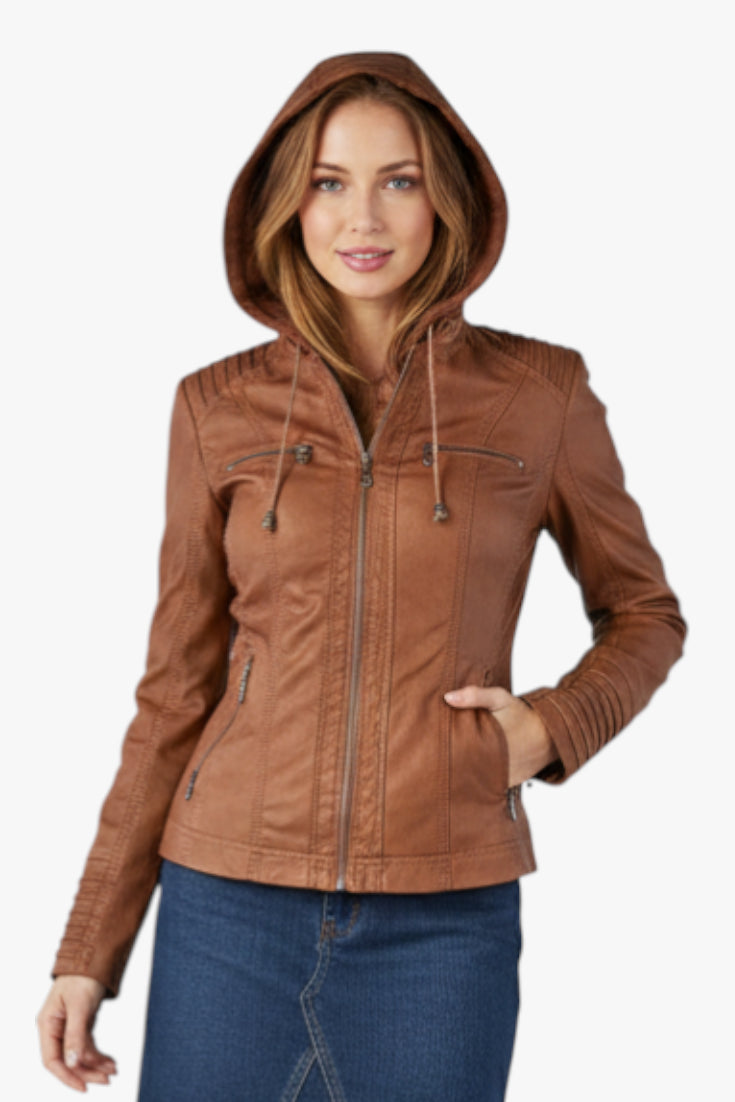 Women's Hooded Bomber Jacket with Funnel Neck and Zip Up
