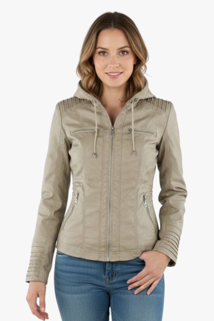 Women's Hooded Bomber Jacket with Funnel Neck and Zip Up