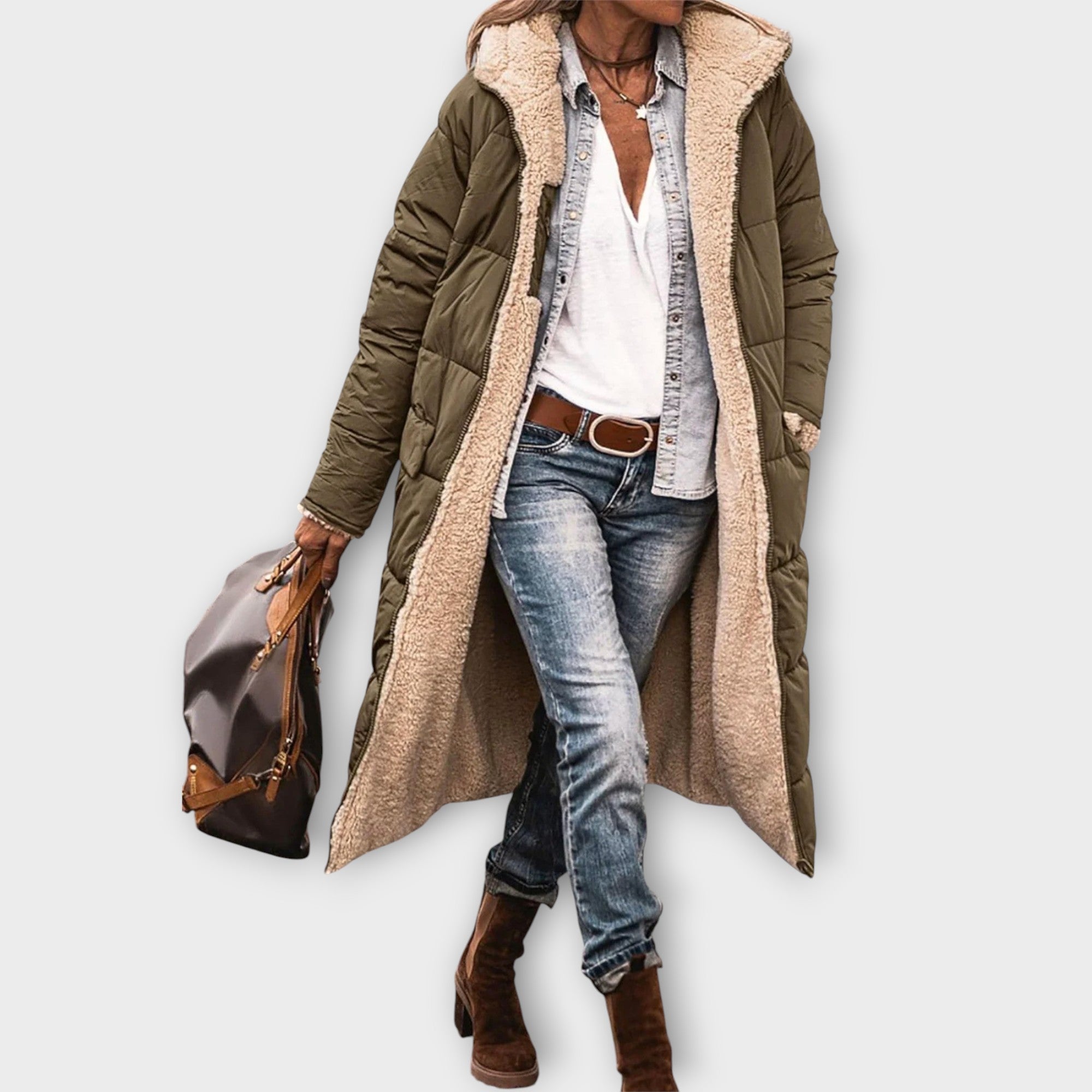 Women's Hooded Longline Coat with Side Pockets and Zip Closure