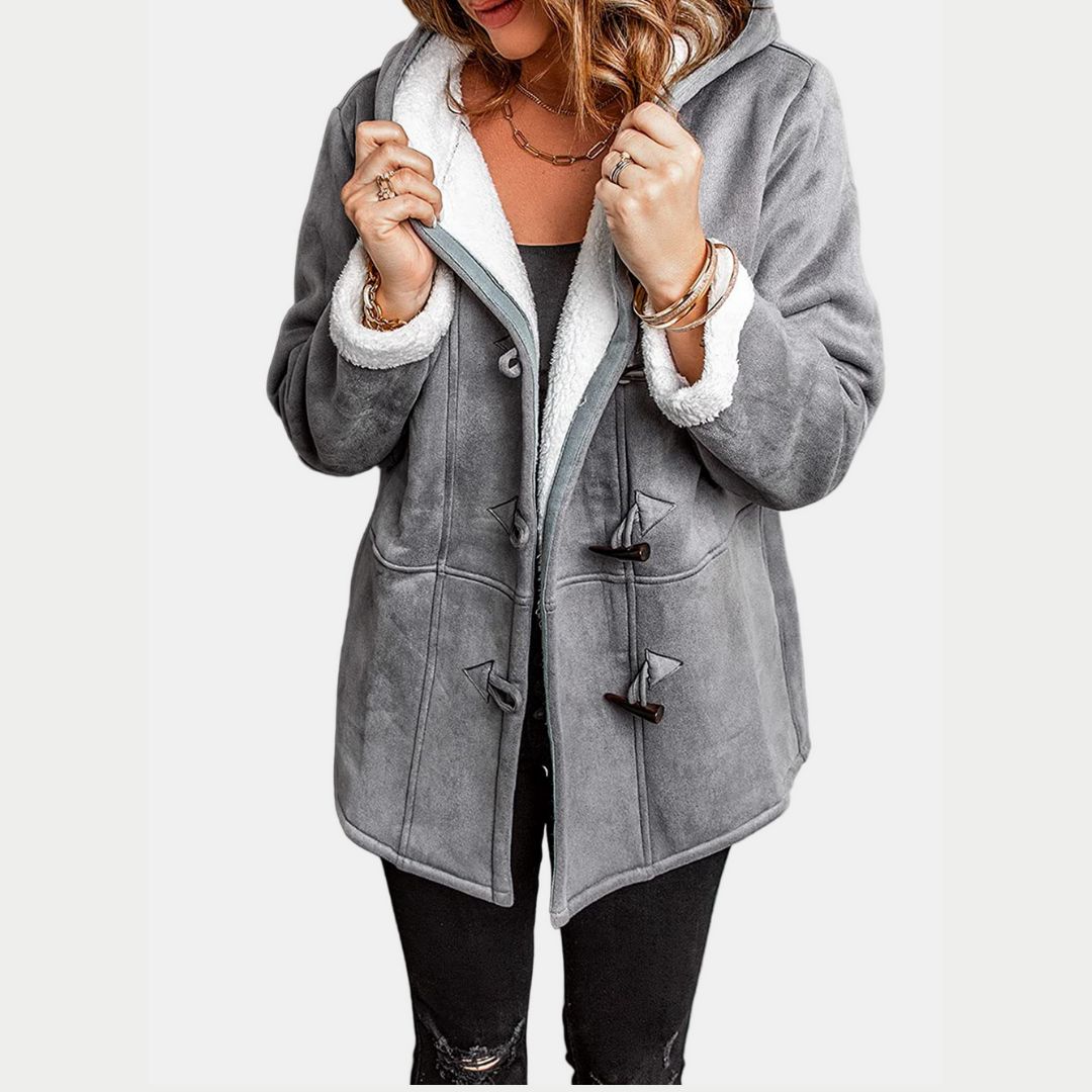 Women's Hooded Winter Coat with Side Pockets and Button Closure