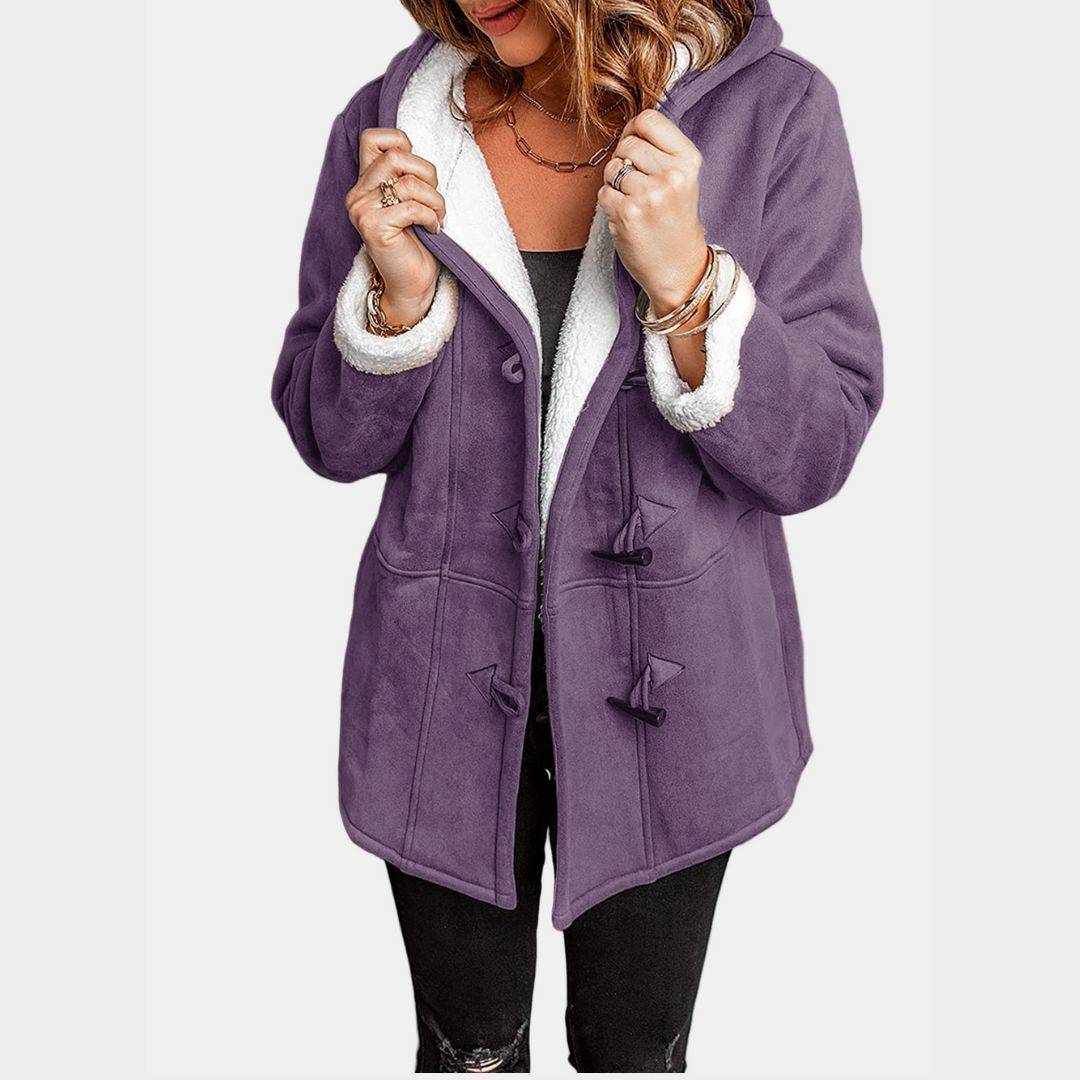 Women's Hooded Winter Coat with Side Pockets and Button Closure