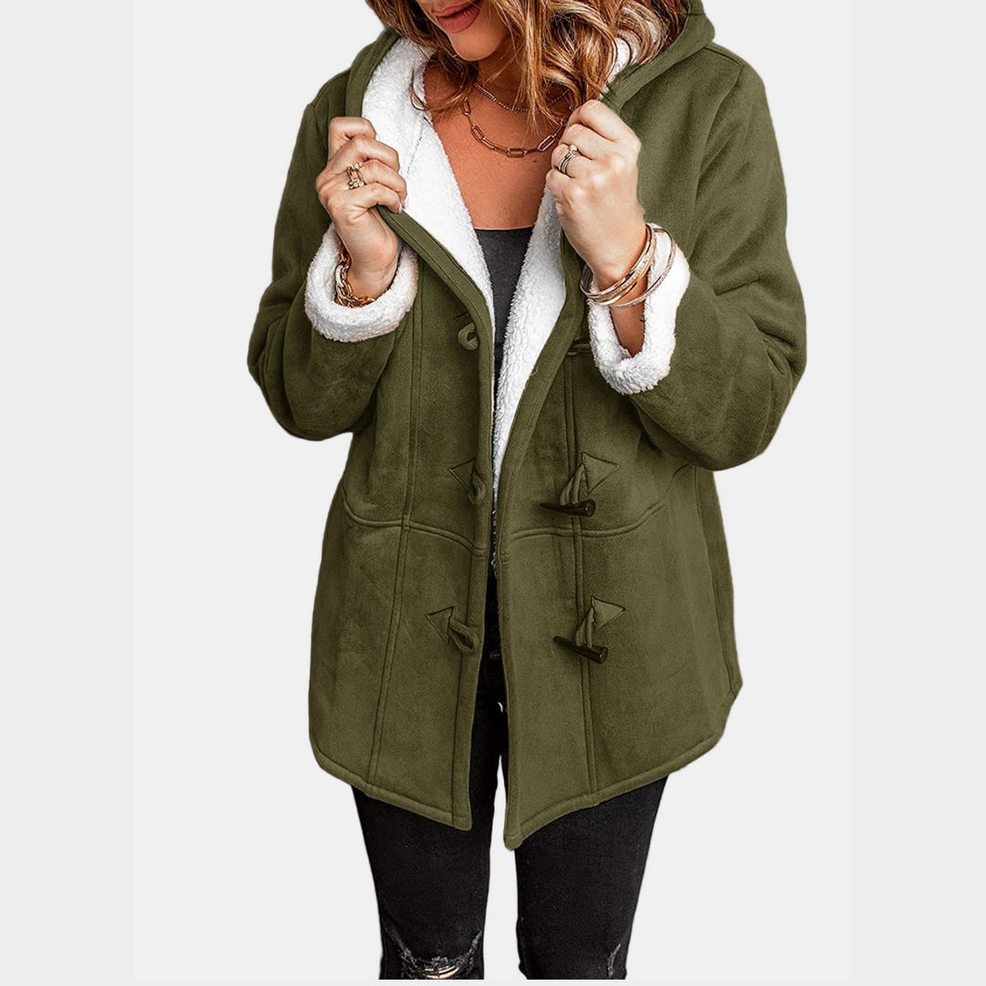 Women's Hooded Winter Coat with Side Pockets and Button Closure