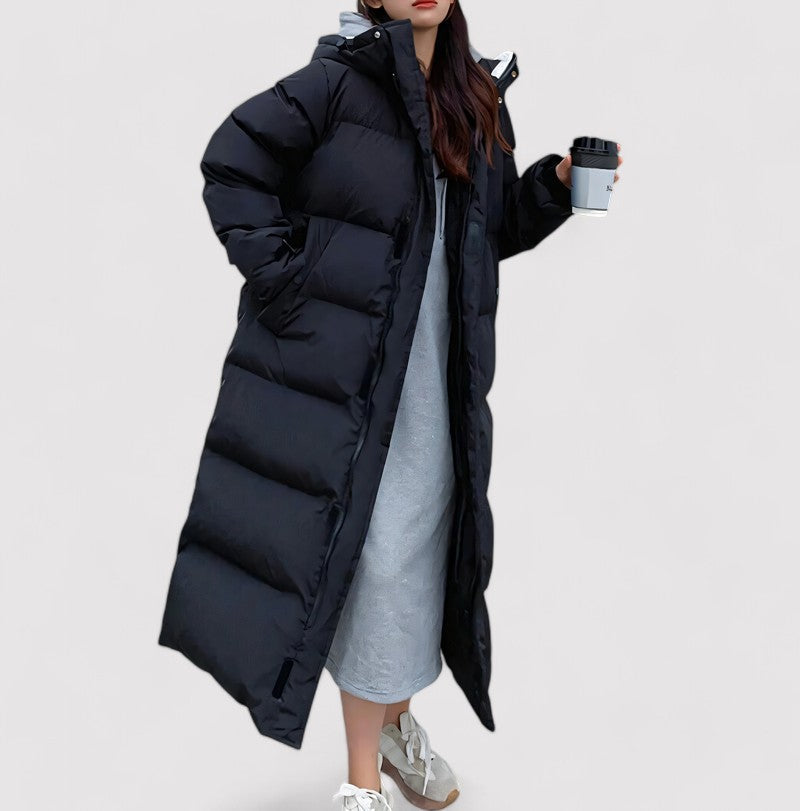 Women's Long Black Waterproof Hooded Puffer Parka Jacket