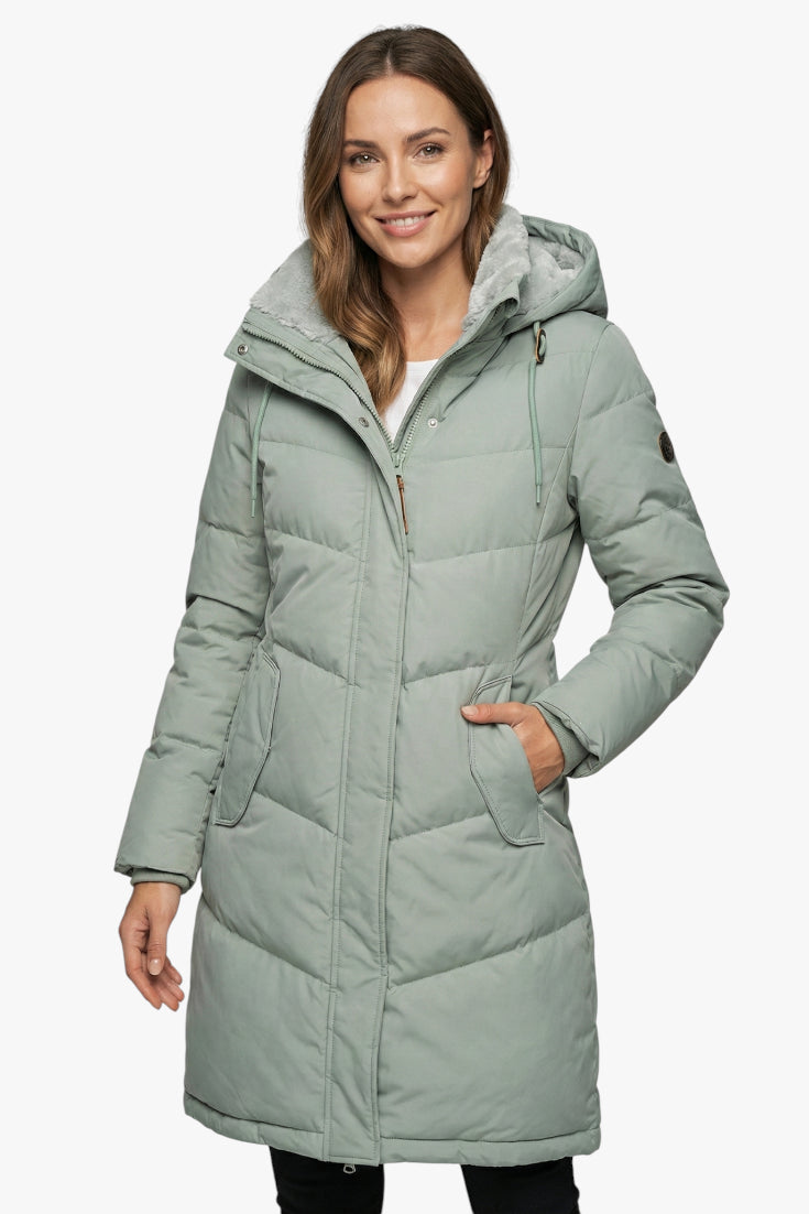 Women's Hooded Puffer Jacket with Zip Closure and Snap Buttons