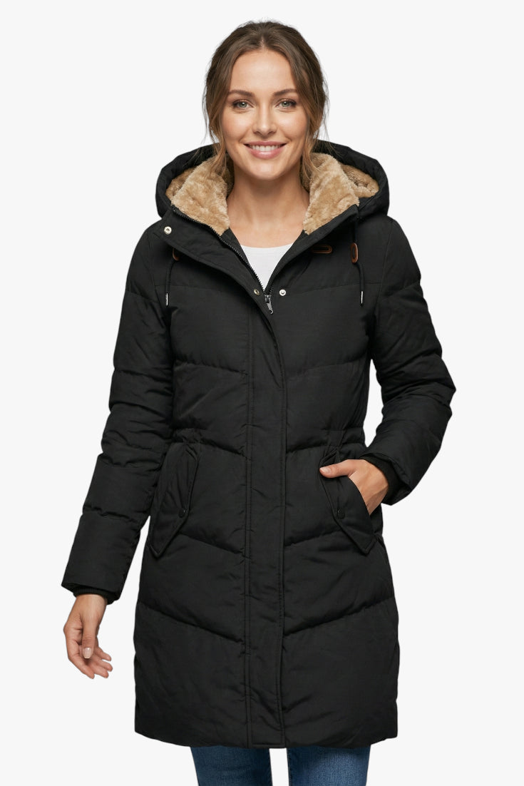 Women's Hooded Puffer Jacket with Zip Closure and Snap Buttons