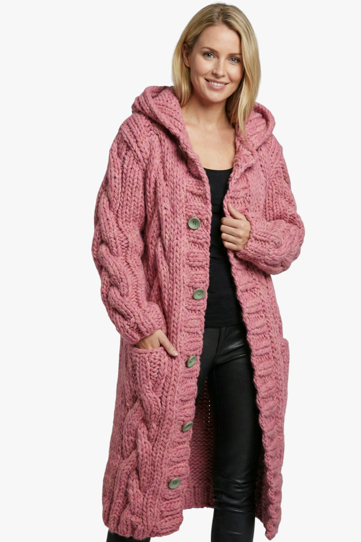 Women's Hooded Longline Coat with Button Closure and Side Pockets