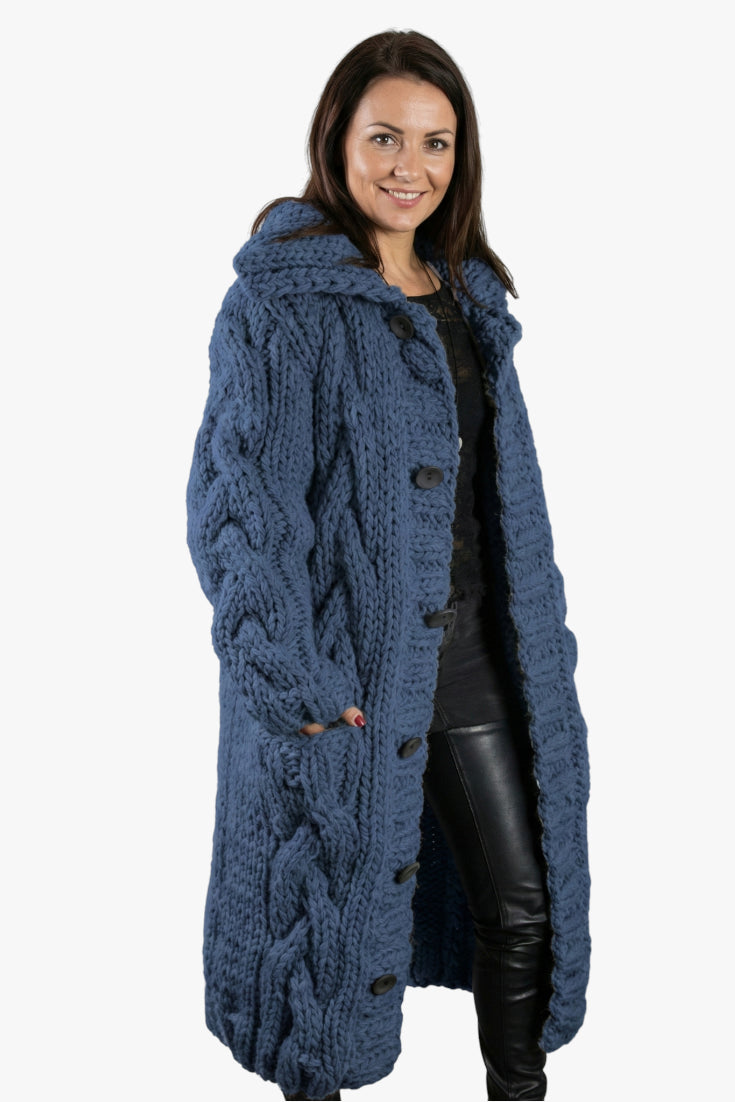 Women's Hooded Longline Coat with Button Closure and Side Pockets