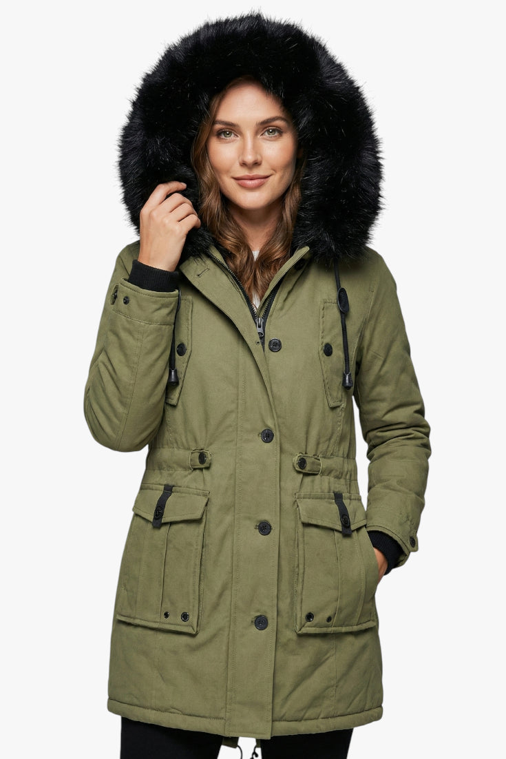 Women's Hooded Parka Jacket with Adjustable Waist and Button Closure