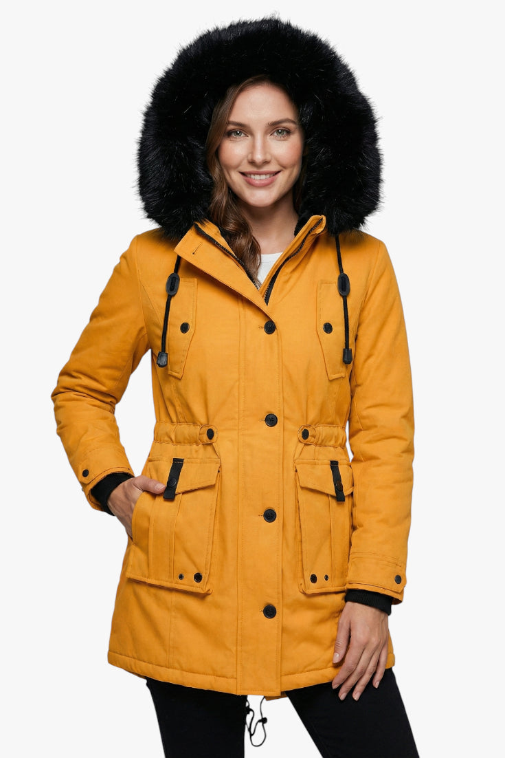 Women's Hooded Parka Jacket with Adjustable Waist and Button Closure