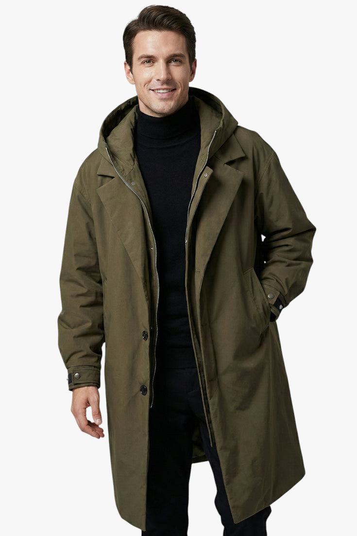 Men's Hooded Trench Coat with Zip Closure and Side Pockets