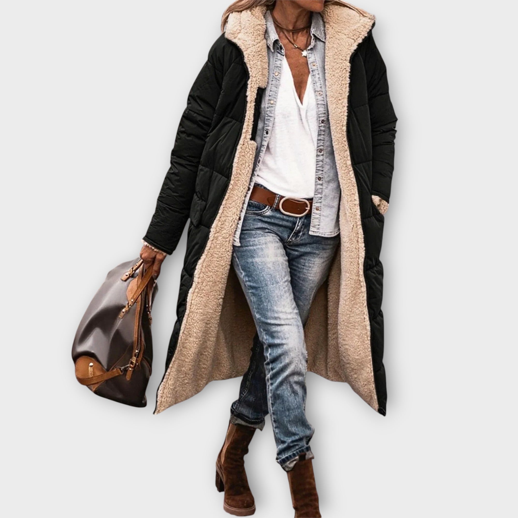 Women's Hooded Longline Coat with Side Pockets and Zip Closure