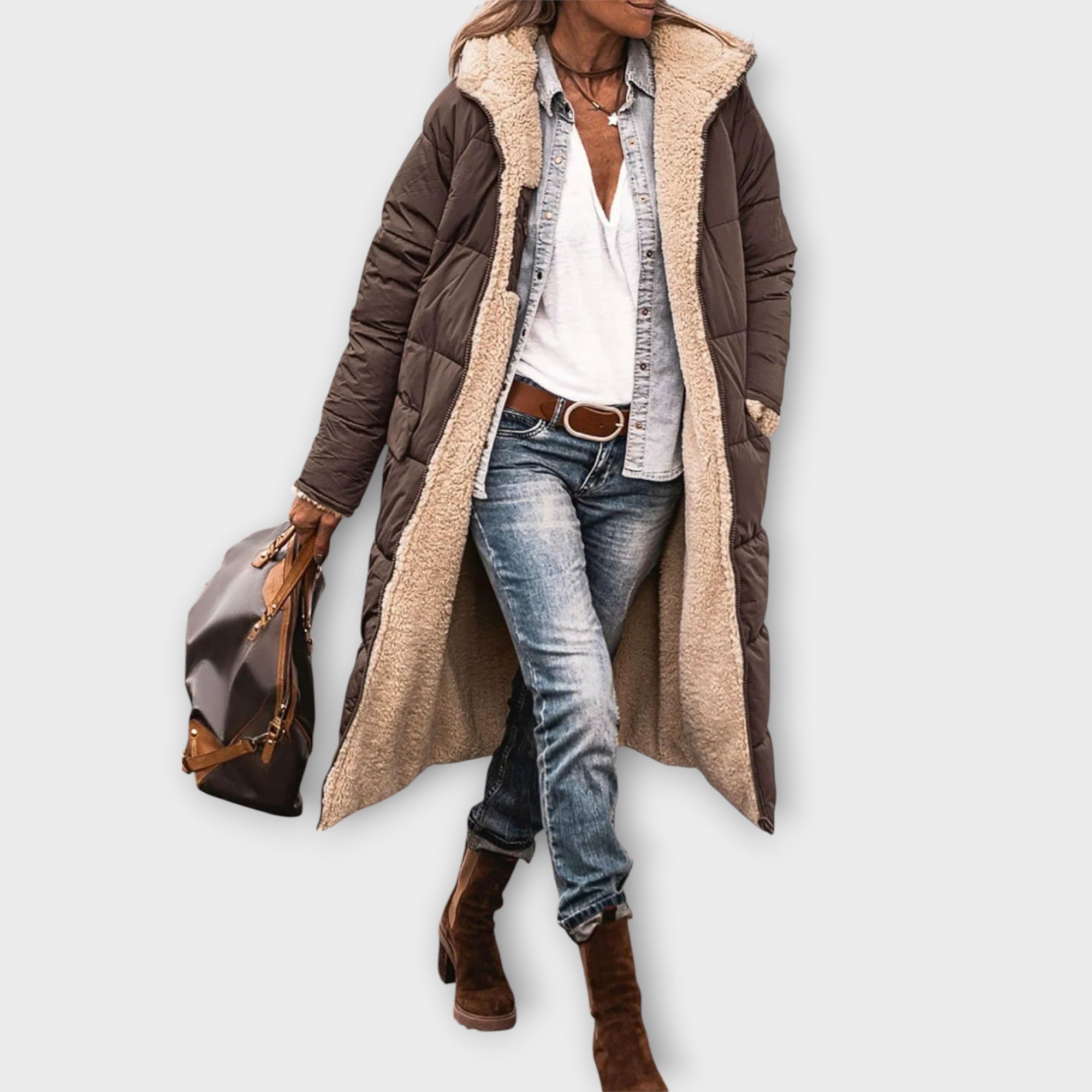 Women's Hooded Longline Coat with Side Pockets and Zip Closure