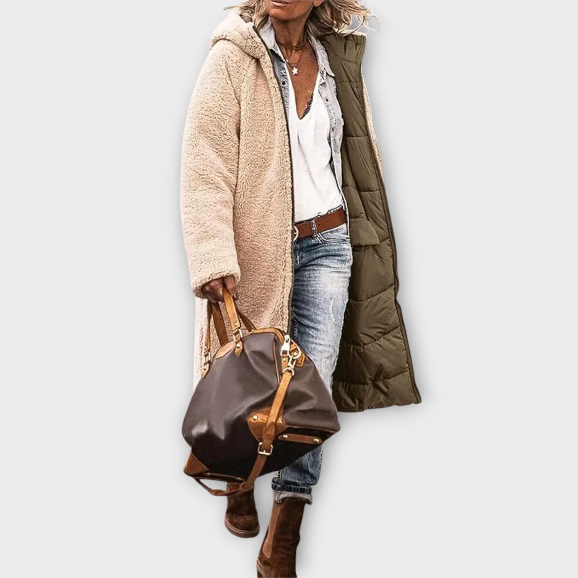 Women's Hooded Longline Coat with Side Pockets and Zip Closure